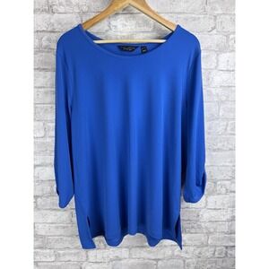Susan Graver Liquid Knit Tunic Top Open 3/4 Sleeve Bateau Neck Blue‎ Size XL